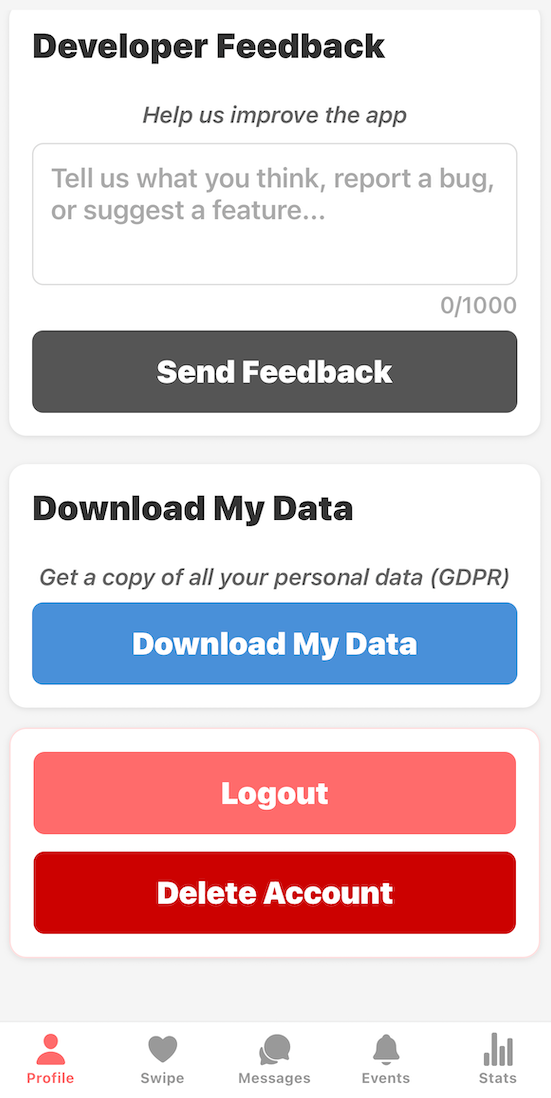 Lemgo profile support actions including developer feedback, data export, and delete account